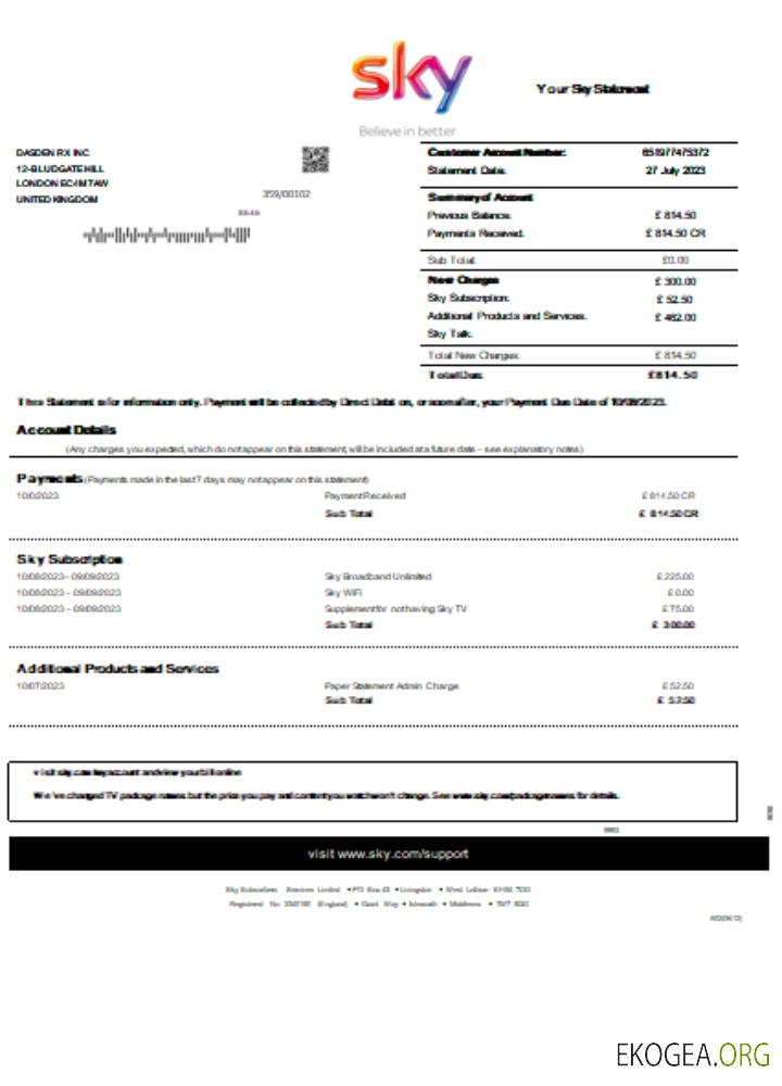 Facture commerciale des services publics Sky, SCR